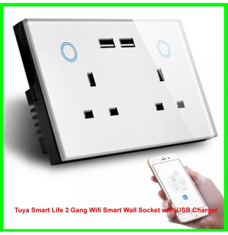 Tuya Smart Life 2 Gang Wifi Smart Wall Socket with USB Charger